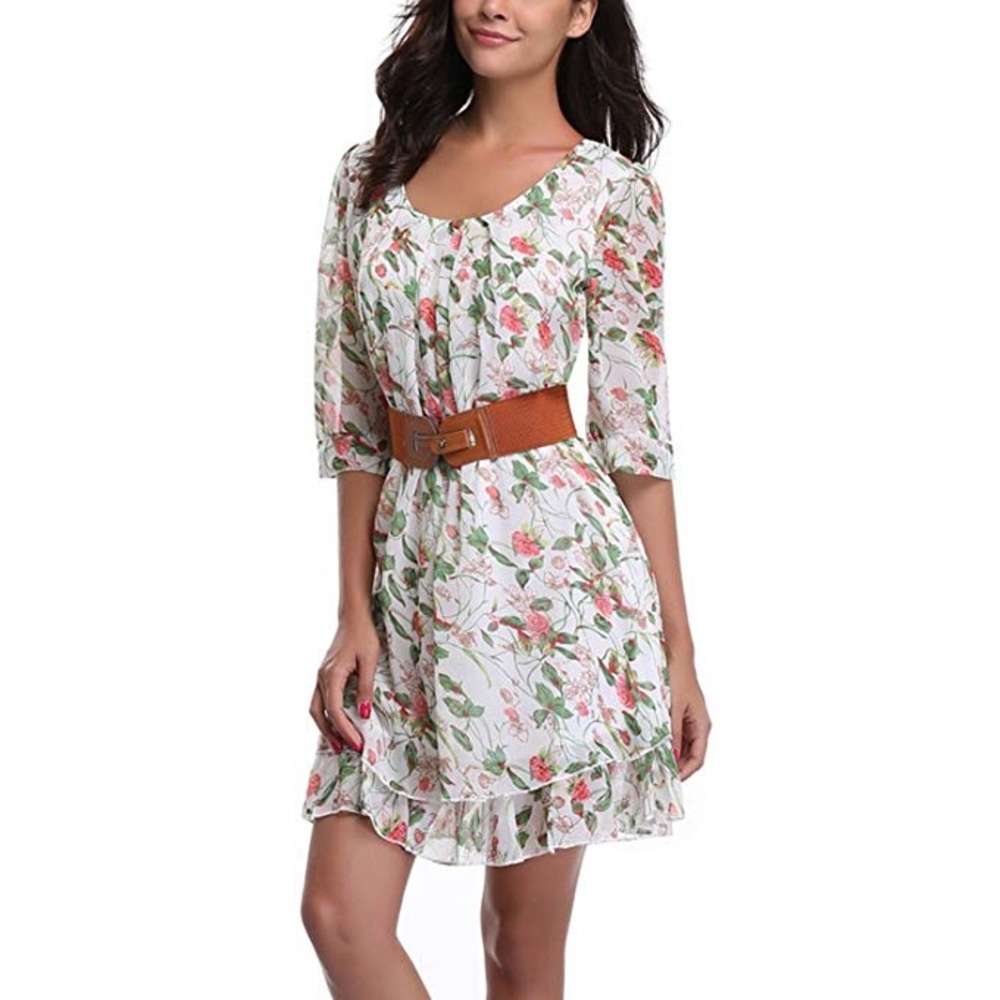 Floral Print 3/4 Sleeves Above Knee Dress - Picture 2 of 4